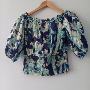 Antica Sartoria Blue Floral Off Shoulder Smocked Puff Sleeve Cotton Top NWT OS